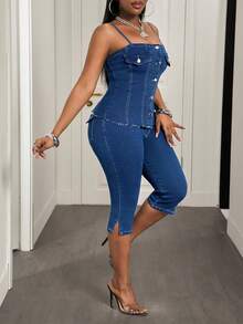 Slaydiva Bộ áo liền quần denim hai dây cài cúc phía trước và quần jean bó có chi tiết nắp gập. - Màu xanh lam - Xem 4