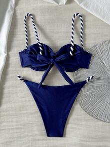 Swim Chiccia 女士棕色编织肩带钢圈性感比基尼泳衣，适合海滩度假；夏季 Zestiva 女士泳装比基尼套装，蓝色两件套，假日聚拢泳衣，女士比基尼套装泳装 - 藏蓝色 - 查看 2