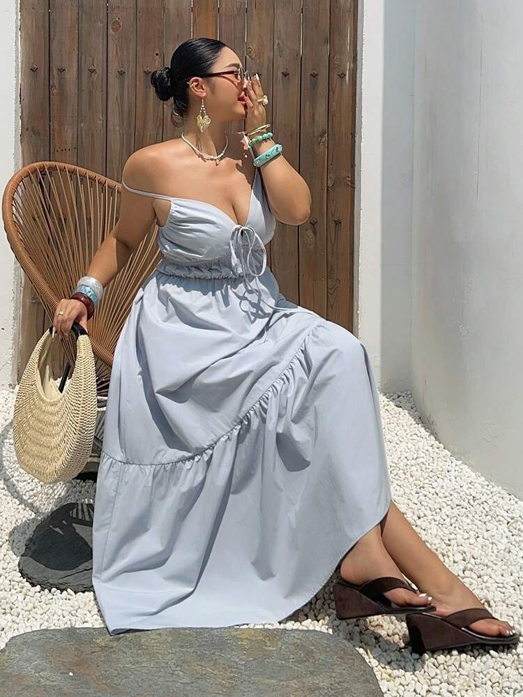 Dazy Plus Plus Size Solid Color Splicing Sexy Backless Beach Vacation Elegant Dress, Gray Blue, Midi Length Spaghetti Strap Maxi Dress For Spring/Summer