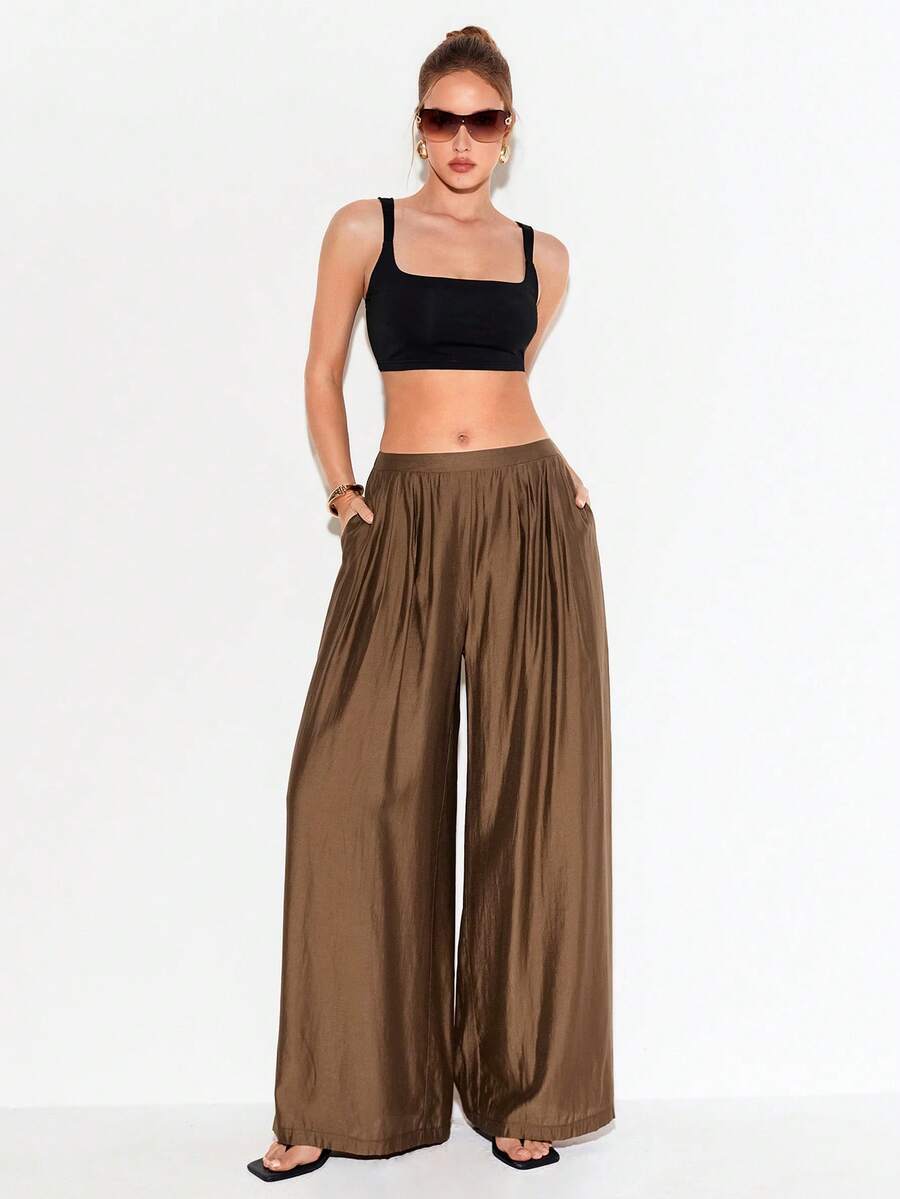 Femmeiva Women's Modern Casual Elegant Outgoing Wear Brown Wide-Leg Pants, Spring/Summer - Brown - View 1