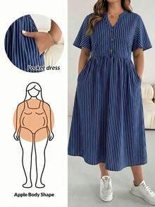 SHEIN Essnce Plus Size Summer Casual Notched Neck Striped Button Decor Dress - Multicolor - View 1