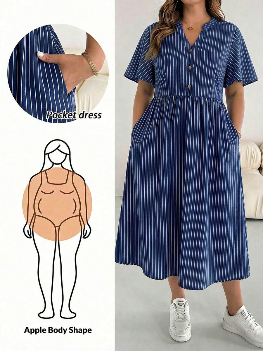 SHEIN Essnce Plus Size Summer Casual Notched Neck Striped Button Decor Dress - Multicolor - View 1