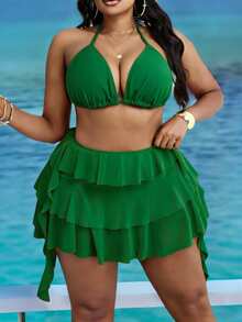 Slaydiva Plus Size Women Beach Holiday Solid Color Halter Top With Multi-Layer Ruffle Pants 2 Pieces Swimwear Green 2 Pieces Set Vacation - Green - View 1