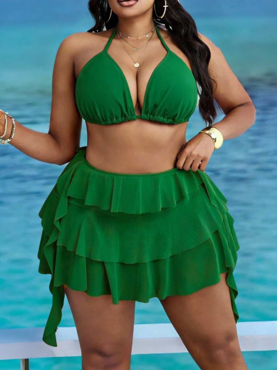 Slaydiva Plus Size Women Beach Holiday Solid Color Halter Top With Multi-Layer Ruffle Pants 2 Pieces Swimwear Green 2 Pieces Set Vacation - Green - View 1