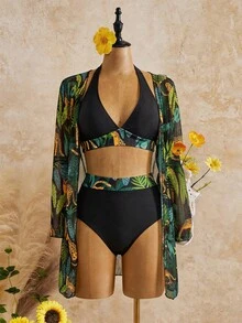 Swim Lushoire Summer Beach Tropical Print Halter Triangle Bikini Set With Kimono - Multicolor - View 5