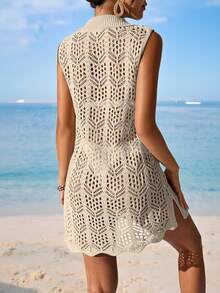 SHEIN Swim Women's Solid Color Hollow-Out Knitted Cover-Up Cover Up Summer - Khaki - View 3