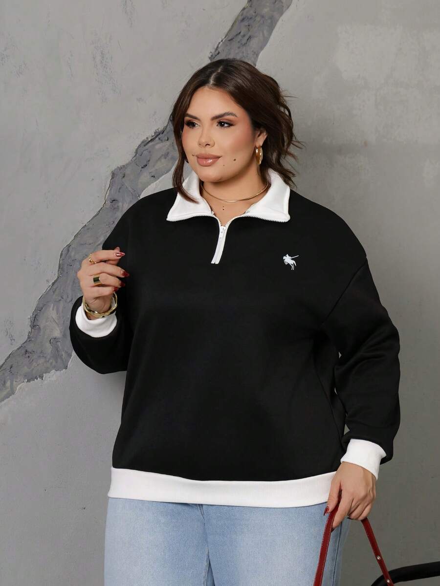 Bibi Tomais Plus Size Contrast Color Embroidery Casual Pullover Pullover Sweatshirt - Black - View 1