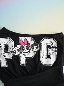 THE POWERPUFF GIRLS X SHEIN Camiseta ajustada de mujer con cuello asimétrico, cordón y fruncido, con estampado de letras de dibujos animados, para uso casual, moda callejera y viajes diarios, verano - Negro - Ver 3
