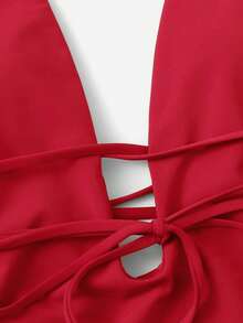 SHEIN Swim 2025 Women Solid Color Tie Waist Plunging Neck One-Piece Swimsuit Summer - Red - View 7