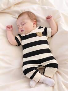 SHEIN Summer Newborn Boy's Black-And-White Striped Crew Neck Short-Sleeve Teddy Bear Print Romper Stylish And Casual, Simple And Adorable Baby Clothes Unisex Baby Clothes Striped Baby Romper Photoshoot Outfit For Baby - Black and White - View 1