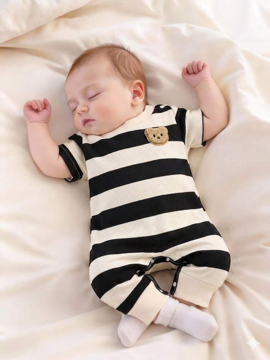 SHEIN Summer Newborn Boy's Black-And-White Striped Crew Neck Short-Sleeve Teddy Bear Print Romper Stylish And Casual, Simple And Adorable Baby Clothes Unisex Baby Clothes Striped Baby Romper Photoshoot Outfit For Baby - Black and White - View 1