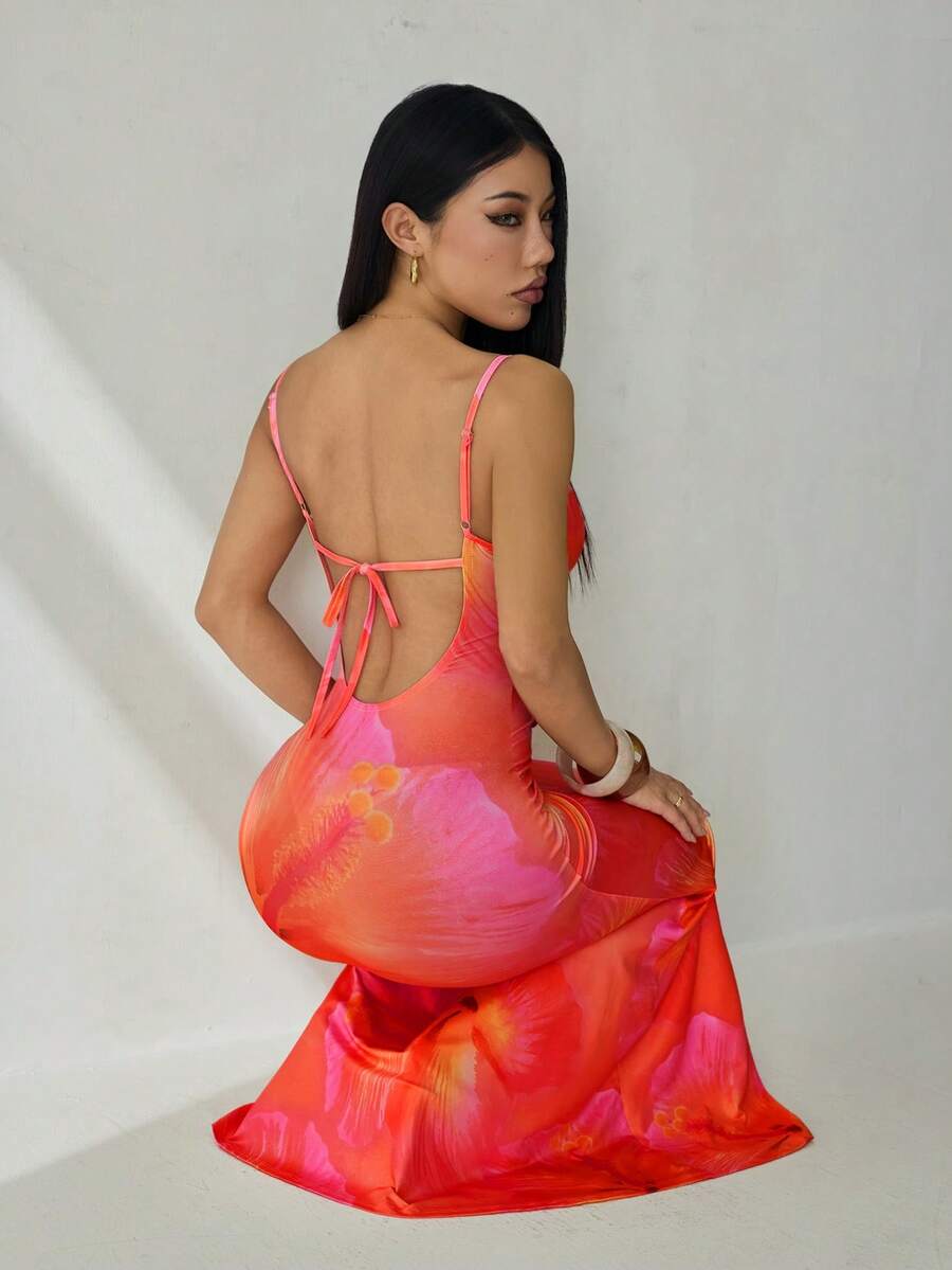 SHEIN PETITE 夏季度假吊带系带紧身性感橙色芙蓉印花连衣裙,适合夏季、度假、海滩、音乐节等场合 - 橘色 - 查看 1