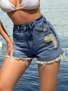 EURMUSE 100%Cotton Back Label Detailed Short With Destroy - Medium Wash - View 9