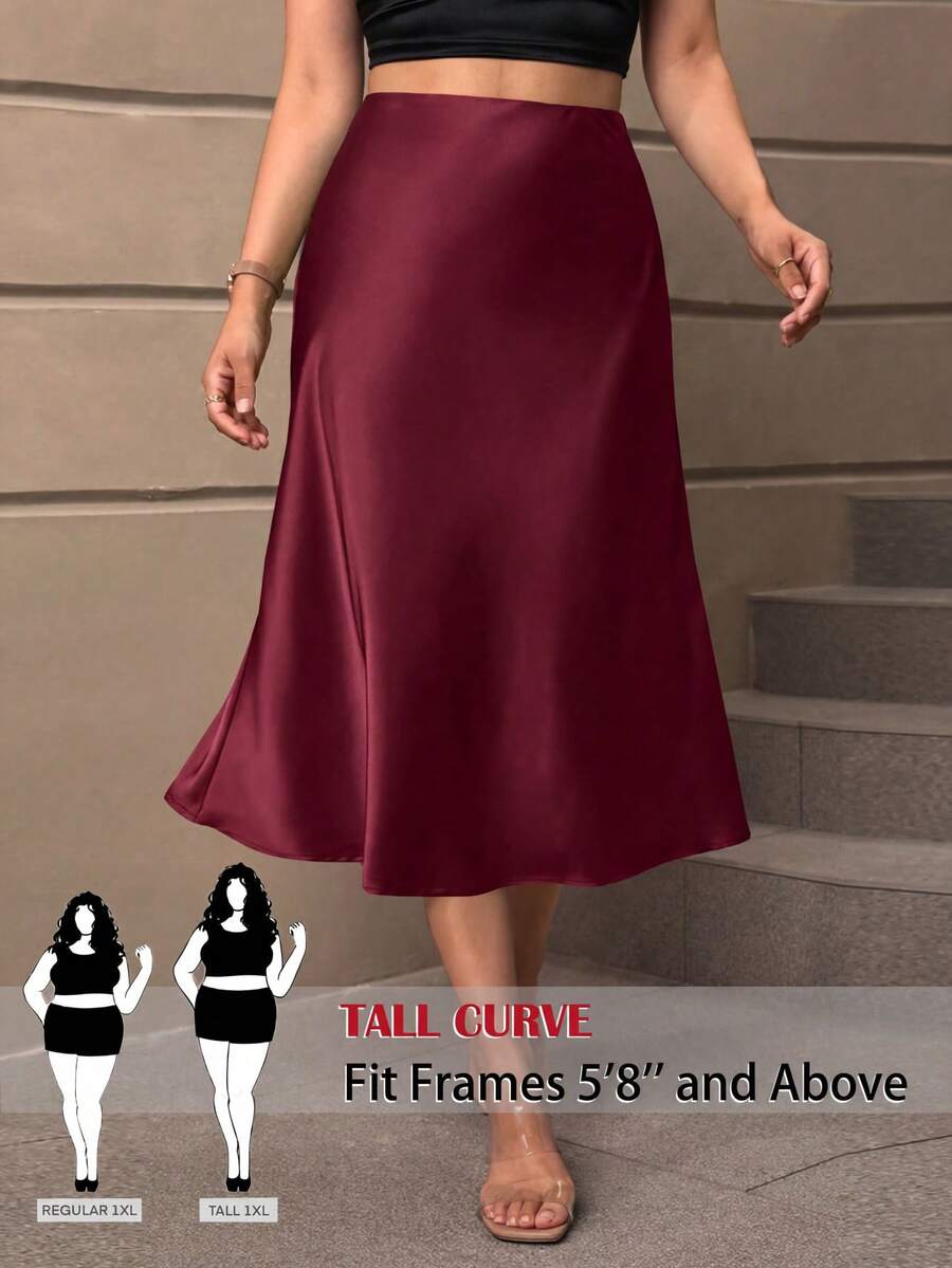 SHEIN Tall CURVE Chân váy cỡ lớn màu trơn tối giản phong cách thường ngày - Màu Đỏ Sâu - Xem 1