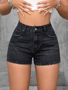 Jeanoix Women's Summer Casual Streetwear Pocketed Button Denim Shorts, Versatile For Daily Wear Rave Concert Dark Wash - Black - View 1