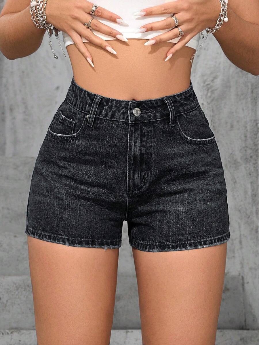 Jeanoix Women's Summer Casual Streetwear Pocketed Button Denim Shorts, Versatile For Daily Wear Rave Concert Dark Wash - Black - View 1