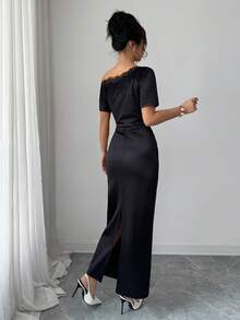 Rafferiza 女士缎面不对称褶皱撞色蕾丝露肩修身A字连衣裙，夏季 - 黑色 - 查看 2