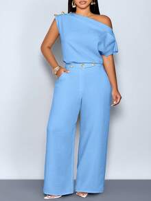 SOLERSUN Blusa de mujer talla grande de primavera/verano elegante con cuello asimétrico, sin mangas, botones metálicos, ajustada, de unicolor, blusa de un hombro, blusa de un hombro, blusa para la oficina, cita, noche, oficina, viaje diario, blusa modesta para uso diario - Celeste - Ver 4