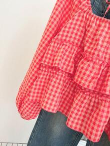 Franclia Nueva llegada de top con volantes en el bajo para mujer, estilo lindo de otoño - Rojo - View 6