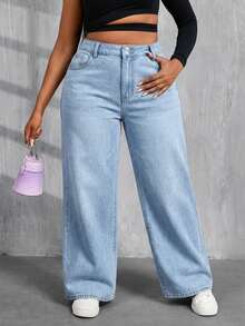 SHEIN PETITE CURVE 大码女式休闲日常通勤简约百搭浅蓝色水洗宽松阔腿牛仔裤 - 淺色水洗藍 - 查看 3