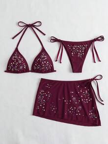 SHEIN BAE Damen Strass-Dekor geknoteter Lässig Sarong Rock für den Sommer - Bordeaux - Übersicht 4