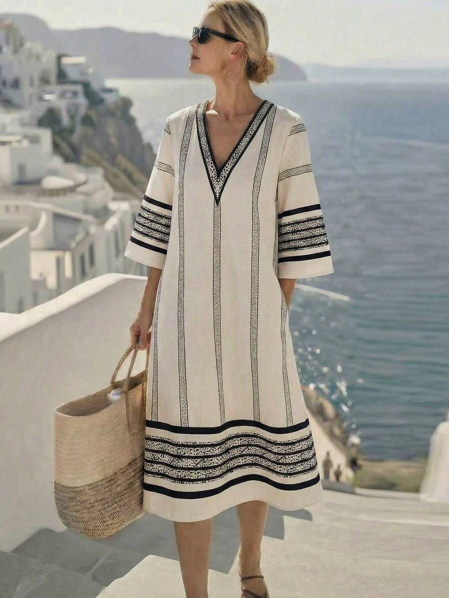Breezaya 女士V领撞色条纹印花宽松A字七分袖中长连衣裙,休闲度假亚麻套装,春夏款 - 彩色 - 查看 1