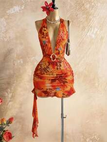 INAWLY 女士夏季度假沙滩植物印花深V领露背连衣裙 - 彩色 - 查看 1