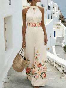 Selianne Mono elegante y de moda para mujer con cuello halter sin mangas, cintura hueca y estampado floral de rosa, adecuado para ir a trabajar, salir, citas, viajes, fotografía, mono blanco largo y versátil - Albaricoque - Ver 3