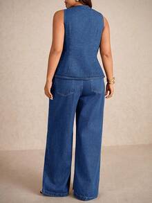 Elaquor Bộ đồ 2 món dành cho nữ cỡ lớn: Áo cổ chữ V cài một hàng khuy và quần jeans ống rộng, thích hợp mặc hàng ngày. - Rửa trung bình - Xem 3