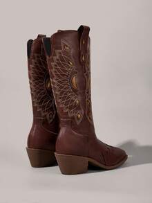 Styleloop Botas medianas para mujer, estilo bohemio, estilo vintage americano, bohemio, botas vaqueras, Festival de música Coachella, ropa de fiesta, ambiente de vacaciones, ropa de verano, artículos esenciales de viaje - Marrón + Hueco - Ver 4
