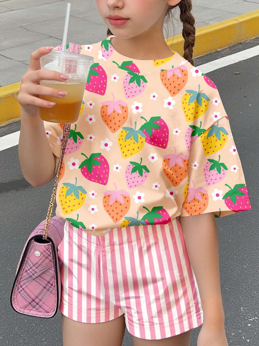 两件套女童休闲卡通图案短袖上衣和短裤,适合夏季穿着 - 彩色 - 查看 1