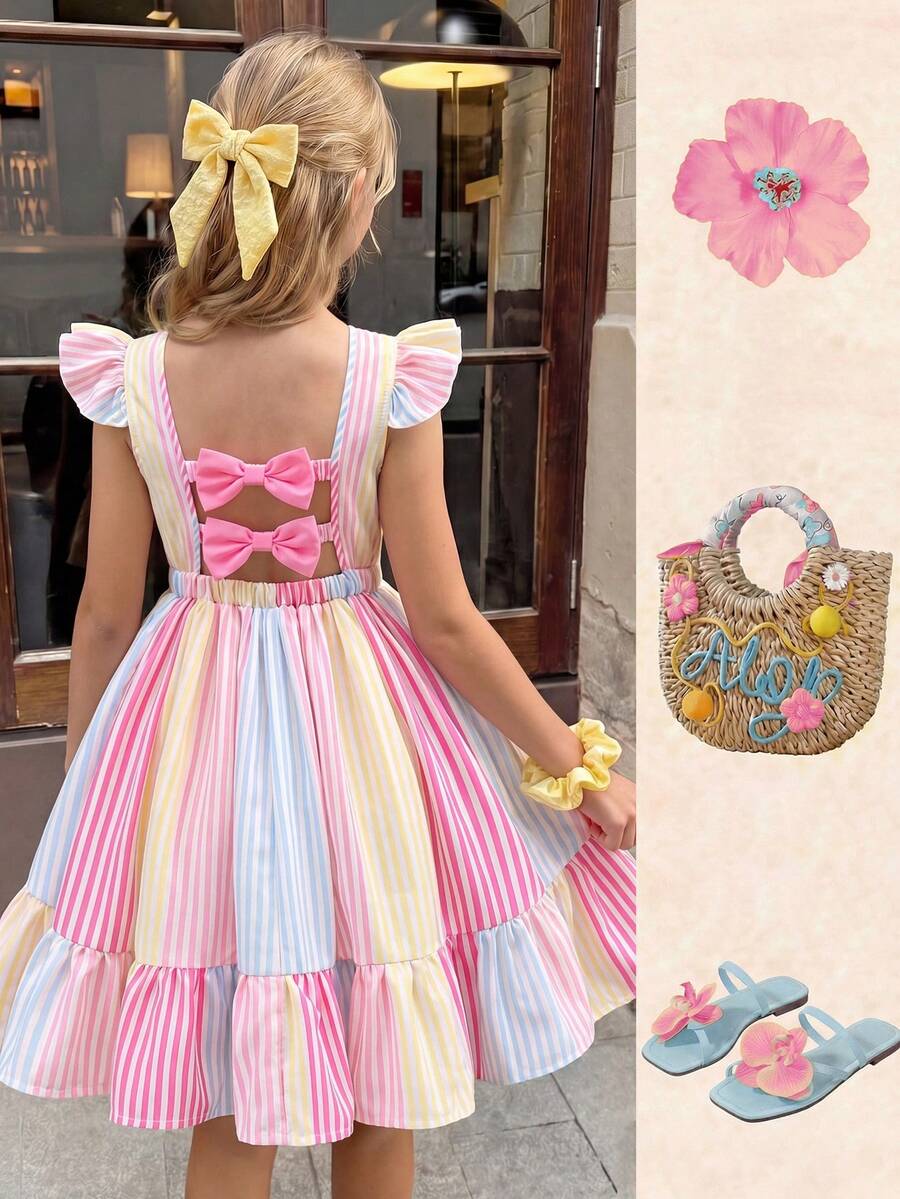 SHEIN Sparklyn 波点、夏季、波西米亚风、床单、度假、柔软、少女碎花印花露背蝴蝶结设计短袖收腰连衣裙，柔软连衣裙，蕾丝，棉质