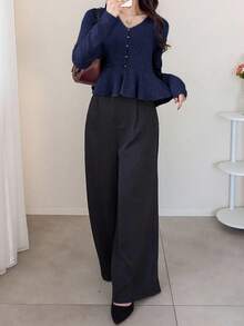 FRIFUL Women's V-Neck Ruffle Hem Solid Color Casual T-Shirt - Navy Blue - View 3