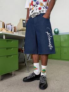 STEELVANCE 男士字母刺绣斜插口袋休闲牛仔短裤，夏季 - 藍色 - 查看 6