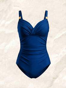 Swim Lushoire 1pc Elegant Solid Color Cross Front Metal Decor One-Piece Swimsuit For Summer Beach Vacation - Blue - View 3