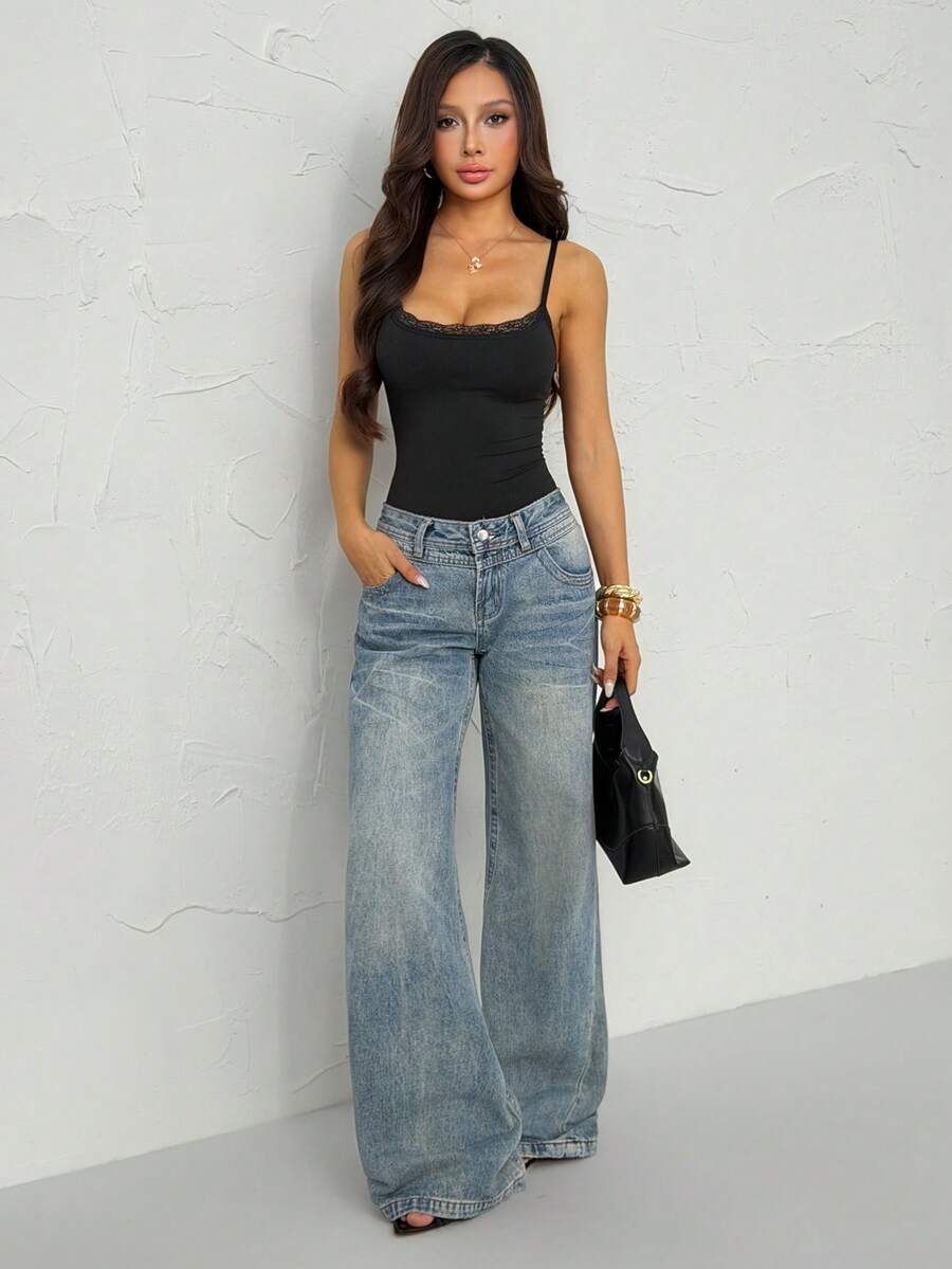 SHEIN PETITE Áo liền thân hai dây viền ren dành cho nữ - màu đen - Xem 1