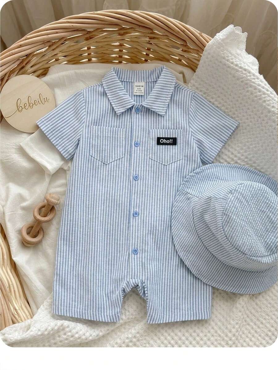 SHEIN 男童/女童休闲运动韩版polo领条纹大口袋短袖连体衣,适合春夏季室内外穿着 - 藍色 - 查看 1