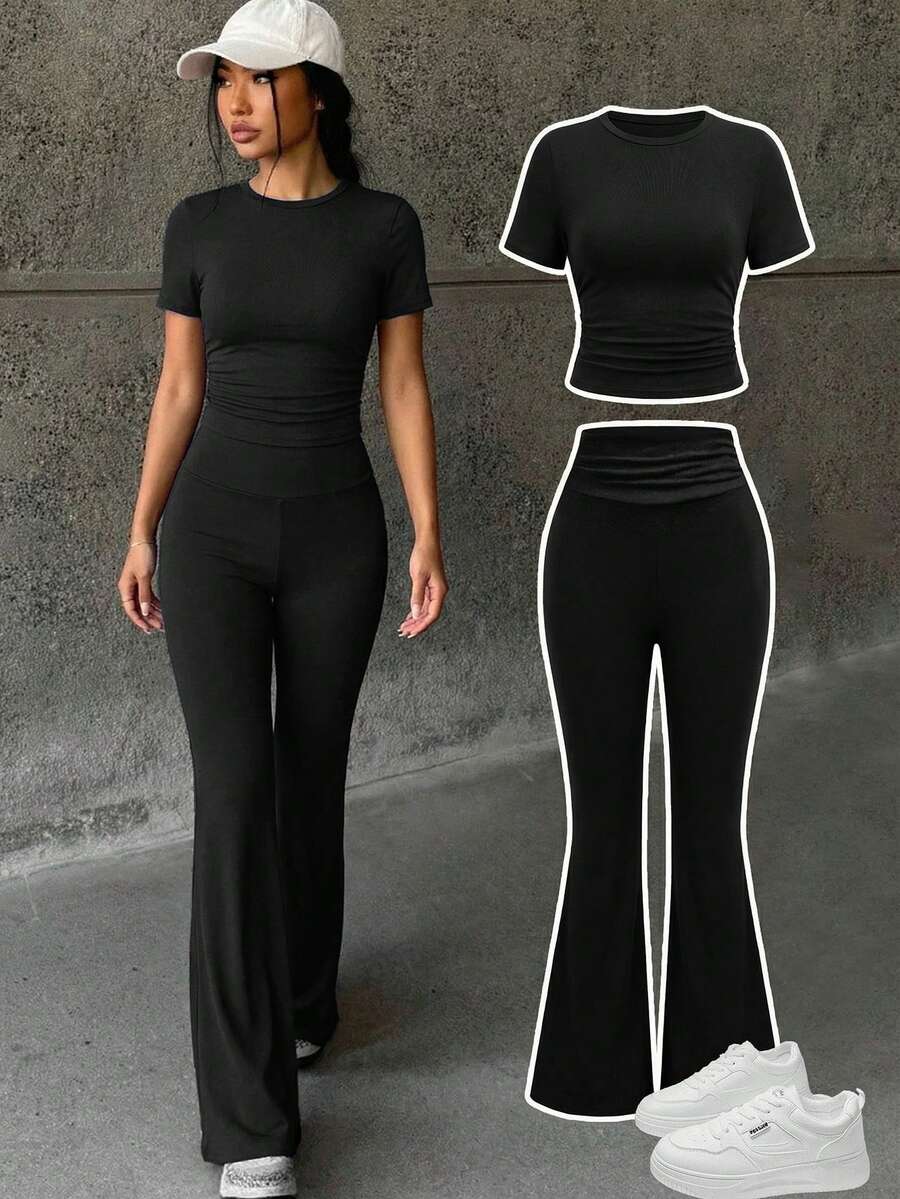 Teen Girl Black Summer Casual Party Ruched Short Sleeve Round Neck T-Shirt & Waist Ruched Flare Pants 2-Piece Set,Daily School Wear Basic Pant Suit - Black - View 1