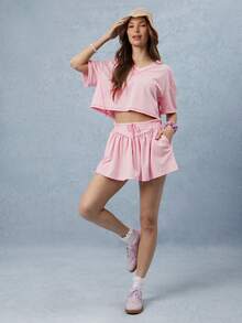 WESTFADE 女士迷你运动裙，V 腰设计，撞色缝线 - 粉色 - 查看 4