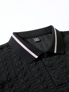 EGENSIO Men's Jacquard Textured Knit Polo Shirt With Ribbed Collar And Cuffs - Black - View 3
