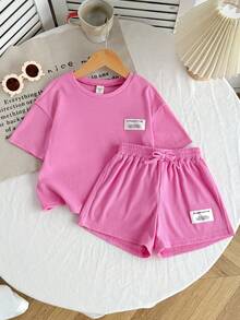 2pcs/Set Young Girls' Knitted Solid Pink Ribbed Texture Soft Comfortable Loose Crew Neck T-Shirt And Fitted Shorts Set - Watermelon Pink - View 5