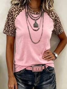 SHEIN LUNE Women's Round Neck Leopard Print Patchwork Casual Versatile Daily Wear Short Sleeve T-Shirt - Multicolor - View 3