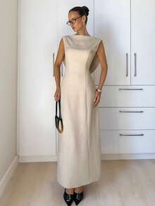 Siren Gaze 女士优雅纯色露背连衣裙，夏季 - 杏色 - 查看 7