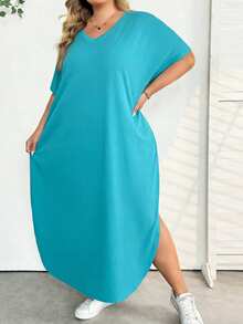 SHEIN CURVE+ Plus Size Women's Spring/Summer New Fashion Commuter Casual Pocket Design Split Robe - Black - View 7