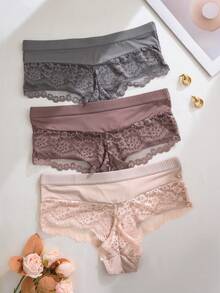 SHEIN 3pcs/Set Lace Patchwork Charm Series Women's Panties - Multicolor - View 2