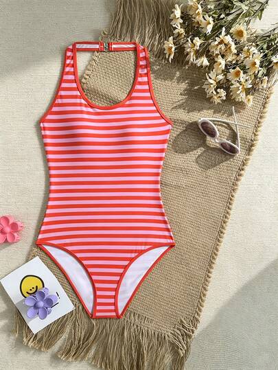 Teen Girls Striped Print Halter One-Piece Swimsuit, Elastic Quick-Dry Comfortable Knit Fabric Tankini Swimwear Set For Beach, Pool, Seaside, Surfing, Vacation, Summer