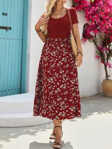 Breezaya Women's Red Ditsy Floral Patchwork Midi Dress, Square Neck Ribbed Knit Short Sleeve High Waist Swing Sundress - Red - View 6