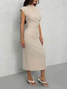 SHEIN PETITE Đầm dài nữ thanh lịch, tối giản, thoải mái, thích hợp đi làm hàng ngày, đi nghỉ mát, thời trang mới, cổ đứng, tay bồng, eo thon, màu mơ. - Màu Khaki - Xem 4