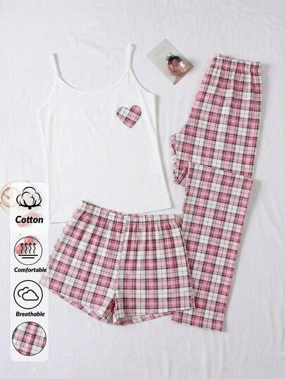 SHEIN Cotton Plus Size White Plaid Heart Printed Sleeveless Top&Pink Plaid Pattern Long Pants And Shorts Homewear Comfort Casual 3pcs Pajama Set