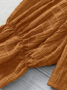 Linhara Blusa holgada de manga larga con cuello en V y volantes en el bajo, de unicolor y textura, de material suave y cómodo, adecuada para uso diario, tallas grandes para mujeres - Naranja - Ver 4
